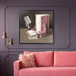 «Books on Books, 2003» в интерьере гостиной с розовым диваном