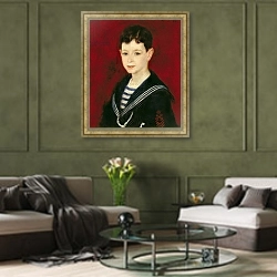 «Portrait of Fernand Halphen 1880» в интерьере гостиной в оливковых тонах