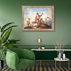 «Vendors of fans and roscas, 1788» в интерьере гостиной в зеленых тонах