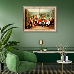 «The Hunt Breakfast, Bachelor's Hall, 1836» в интерьере гостиной в зеленых тонах
