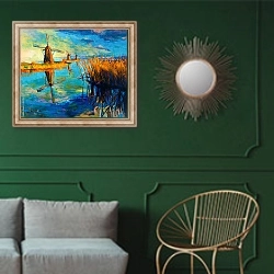 «Ветряные мельницы в камышах» в интерьере классической гостиной с зеленой стеной над диваном