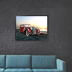 «Красный ретро-автомобиль у моря» в интерьере в стиле лофт с черной кирпичной стеной