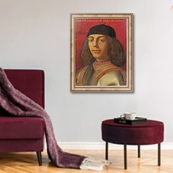 «Portrait of Piero di Lorenzo de Medici» в интерьере гостиной в бордовых тонах