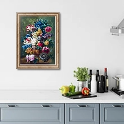 «Цветы в вазе 9» в интерьере кухни в голубых тонах