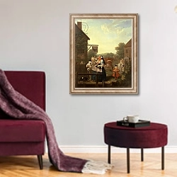 «The Four Times of Day: Evening, 1736» в интерьере гостиной в бордовых тонах