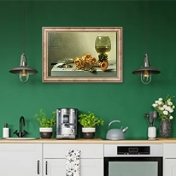«Still Life with a Roemer» в интерьере кухни с зелеными стенами