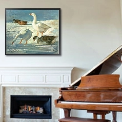 «Geese and Mallards, 2000» в интерьере классической гостиной над камином