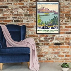 «Poster advertising travel to Graubunden by the Swiss company 'Rhaetian Railway', 1916» в интерьере в стиле лофт с кирпичной стеной и синим креслом