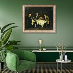 «The Poet Alexis Piron at the Table with his Friends, Jean Joseph Vade and Charles Colle» в интерьере гостиной в зеленых тонах