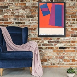 «Richard Baringer. Bertha Schaefer Gallery.» в интерьере в стиле лофт с кирпичной стеной и синим креслом