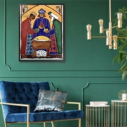 «Adoration of the Kings» в интерьере классической гостиной с зеленой стеной над диваном