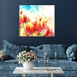 «Тюльпаны с солнечными зайчиками» в интерьере современной гостиной в синем цвете