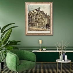 «Houses lately standing on the North Side of Long Land, Smithfield, 1813» в интерьере гостиной в зеленых тонах