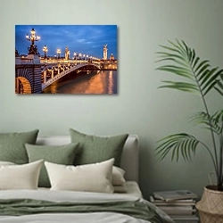 «Париж. Франция. Мост Александра III » в интерьере современной спальни в зеленых тонах