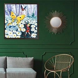 «The Story of Tom Thumb 12» в интерьере классической гостиной с зеленой стеной над диваном