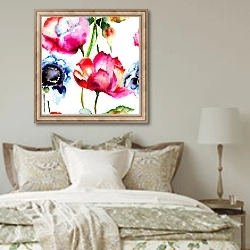 «Акварель. Цветы» в интерьере спальни в стиле прованс над кроватью