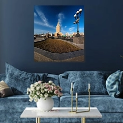 «Россия. Москва. Комсомольская площадь» в интерьере современной гостиной в синем цвете