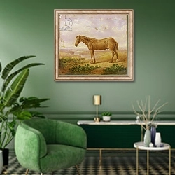 «Old Billy, a Draught Horse, Aged 62» в интерьере гостиной в зеленых тонах