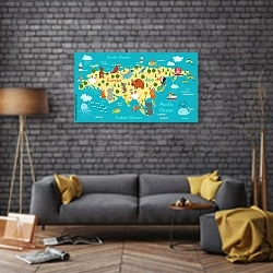 «Детская карта Евразии №2» в интерьере в стиле лофт над диваном