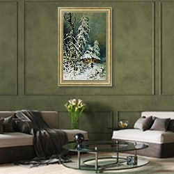 «Зимний пейзаж с избушкой. 1899» в интерьере гостиной в оливковых тонах