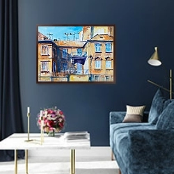 «Старая архитектура, акварель» в интерьере в классическом стиле в синих тонах
