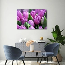 «Лиловые тюльпаны» в интерьере современной гостиной над комодом