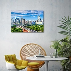 «Китай Пекин. Вид на город» в интерьере современной гостиной с желтым креслом