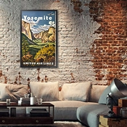 «Yosemite. United Air Lines» в интерьере гостиной в стиле лофт с кирпичной стеной