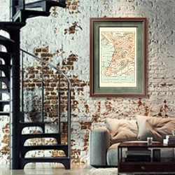 «Карта Триеста, Италия, конец 19 в. 1» в интерьере двухярусной гостиной в стиле лофт с кирпичной стеной