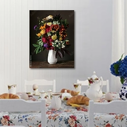 «Натюрморт с астр и хризантем в белом кувшине» в интерьере кухни в стиле прованс над столом с завтраком