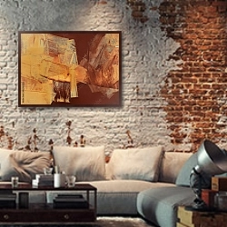 «Абстрактная картина #11» в интерьере гостиной в стиле лофт с кирпичной стеной