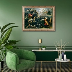 «Allegory of the Battle of Marengo» в интерьере гостиной в зеленых тонах