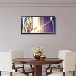 «Панорамная фотография зданий Манхэттена на закате» в интерьере современной столовой над столиком