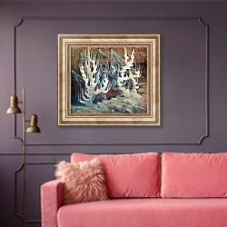 «Зима (II)» в интерьере гостиной с розовым диваном