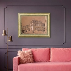 «Вид Нового Эрмитажа со стороны Миллионной улицы» в интерьере гостиной с розовым диваном