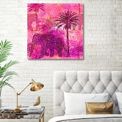 «Узор со слонами и пальмами» в интерьере гостиной с розовым диваном