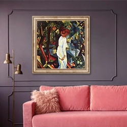 «Пара в лесу» в интерьере гостиной с розовым диваном