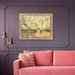 «Gare Saint Lazare, 1877» в интерьере гостиной с розовым диваном