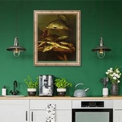 «Still Life with Carp» в интерьере кухни с зелеными стенами