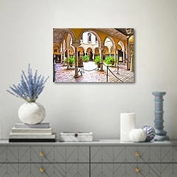 «Испания. Севилья. Дворец Герцогини де Лебриха» в интерьере современной гостиной с голубыми деталями