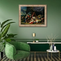 «The Death of the Wife of Darius III 1785» в интерьере гостиной в зеленых тонах