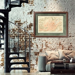 «Карта Штутгарта, конец 19 в. 1» в интерьере двухярусной гостиной в стиле лофт с кирпичной стеной