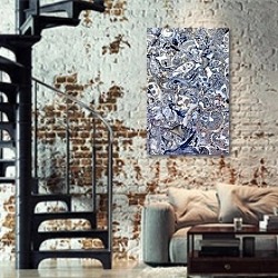 «Текстура серо-голубого минерала» в интерьере двухярусной гостиной в стиле лофт с кирпичной стеной