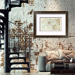 «Карта окрестностей Рима, конец 19 в. 3» в интерьере двухярусной гостиной в стиле лофт с кирпичной стеной