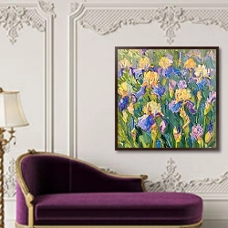 «Purple and yellow irises» в интерьере в классическом стиле над банкеткой