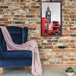 «Красный автобус и телефонная будка на фоне Биг Бена» в интерьере в стиле лофт с кирпичной стеной и синим креслом