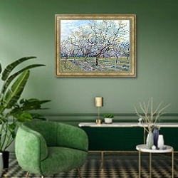 «Сад с цветущими сливовыми деревьями, 1888» в интерьере гостиной в зеленых тонах
