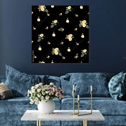 «Маленькие бутоны из желтых и розовых роз с листьями на черном фоне» в интерьере современной гостиной в синем цвете