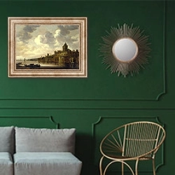 «Пейзаж 8» в интерьере классической гостиной с зеленой стеной над диваном