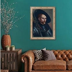 «Эдзард Великий, граф Восточного Фризланда» в интерьере гостиной с зеленой стеной над диваном